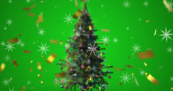 Bild Von Weihnachtsbaum Und Konfetti Das Über Schnee Fällt Weihnachten — Stockfoto