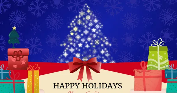 クリスマスツリー上の幸せな休日のテキストとプレゼントのイメージ クリスマス冬伝統お祝いのコンセプトデジタルで生成されたイメージ — ストック写真