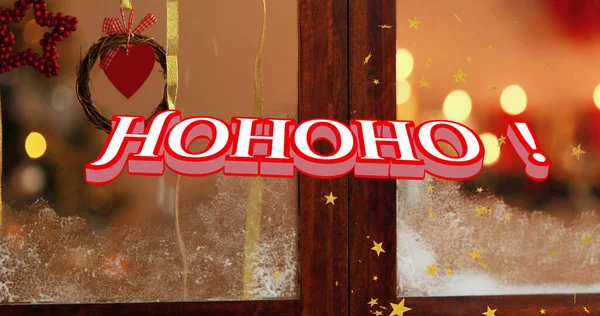 Obraz Hohoho Tekst Kolorze Czerwonym Nad Spadającym Śniegiem Oknem Dekoracjami — Zdjęcie stockowe