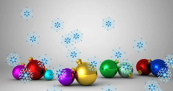 Image Snow Falling Christmas Baubles Christmas Winter Tradition Celebration Concept — Stock Photo, Image