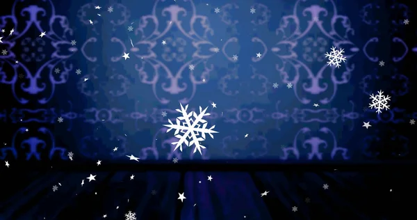 Mavi Dekoratif Arka Planda Düşen Noel Kar Tanelerinin Resmi Noel — Stok fotoğraf