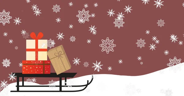 雪がそりやクリスマスプレゼントに落ちるイメージ クリスマス冬伝統お祝いのコンセプトデジタルで生成されたイメージ — ストック写真