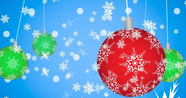 Afbeelding Van Sneeuw Die Kerstballen Valt Kerstmis Winter Traditie Viering — Stockfoto