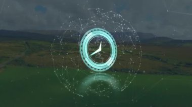 Hareket eden saatin animasyonu ve manzara üzerindeki bağlantı ağı. küresel iletişim, veri işleme ve dijital arayüz kavramı, dijital olarak oluşturulmuş video.