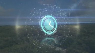 Hareket eden saatin animasyonu ve manzara üzerindeki bağlantı ağı. küresel iletişim, veri işleme ve dijital arayüz kavramı, dijital olarak oluşturulmuş video.