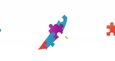 Otizm animasyonu renkli yapboz parçaları beyaz arka planda şerit oluşturuyor. otizm, öğrenme güçlüğü, destek ve farkındalık kavramı dijital olarak oluşturulmuş video