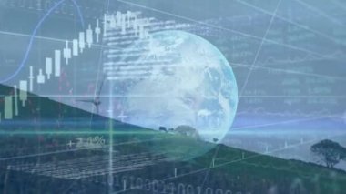 Rüzgâr türbini üzerinde finansal veri işleme ve küre animasyonu. küresel iklim değişikliği, sürdürülebilirlik ve rüzgar enerjisi konsepti dijital olarak oluşturulmuş video.