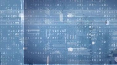 Mavi arkaplanda istatistik ve ikili kodlama animasyonu. küresel teknoloji, veri işleme ve dijital arayüz kavramı dijital olarak oluşturulmuş video.