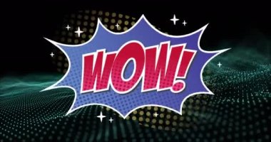 Siyah arkaplandaki yeşil noktalar üzerinden wow metninin animasyonu. Sosyal medya ve iletişim arayüzü kavramı dijital olarak oluşturulmuş video.