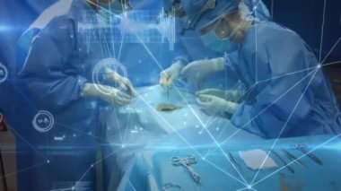 Ameliyathanedeki cerrahlar üzerinden bağlantı ağının animasyonu. küresel tıp, sağlık hizmetleri ve dijital olarak üretilen video konsepti.