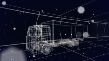 Kamyon ve ızgaranın 3D üzerindeki beyaz noktaların animasyonu. küresel mühendislik, veri işleme ve dijital arayüz kavramı dijital olarak oluşturulmuş video.