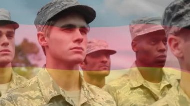 Üniformalı çeşitli erkek askerler üzerinde Alman bayrağının canlandırılması. Ulusal ordu, vatanseverlik ve silahlı kuvvetler konsepti dijital olarak oluşturulmuş video.