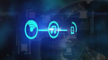 Siyah arkaplan üzerindeki simgelerle bağlantı ağının animasyonu. küresel iletişim, veri işleme ve dijital arayüz kavramı, dijital olarak oluşturulmuş video.