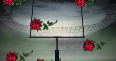 Stadyumda Amerikan futbolu kalesine düşen kırmızı güllerin canlandırması. Spor, rekabet, kolej Amerikan futbolu konsepti dijital olarak üretilen video.
