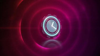 Saatin animasyonu kırmızı çemberlerin üzerinde ileri gidiyor. küresel iş, bağlantılar, ağlar ve veri işleme kavramı dijital olarak oluşturulmuş video.