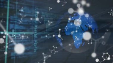 Veri işleme üzerinde moleküllerin ve kürenin animasyonu. küresel iletişim, veri işleme ve dijital arayüz kavramı, dijital olarak oluşturulmuş video.