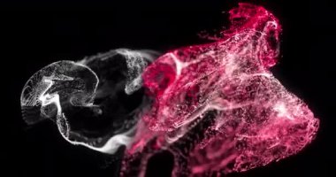 Siyah zemin üzerinde hareket eden kırmızı ve beyaz parçacıkların animasyonu. hareket, enerji ve biçim, soyut arayüz arkaplan kavramı dijital olarak oluşturulmuş video.