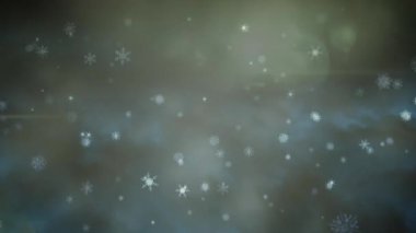 Duman üzerine düşen kar tanelerinin ve siyah arka planda yanan ışıkların animasyonu. Noel, gelenek ve kutlama konsepti dijital olarak oluşturuldu.