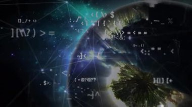 Veri işlemenin animasyonu ve kara arkaplanda dünya üzerindeki bağlantılar ağı. küresel iletişim, veri işleme ve sosyal medya konsepti, dijital olarak oluşturulmuş video.