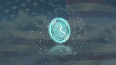 ABD bayrağı üzerinde hareket eden saat ve bağlantı ağının animasyonu. küresel iletişim, veri işleme ve dijital arayüz kavramı, dijital olarak oluşturulmuş video.