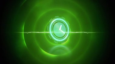 Yeşil daireler üzerinde hareket eden saatin animasyonu. küresel iş, bağlantılar, ağlar ve veri işleme kavramı dijital olarak oluşturulmuş video.