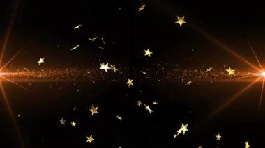 Siyah zemin üzerindeki ışık ve yıldızların animasyonu. parti ve kutlama konsepti dijital olarak oluşturulmuş video.