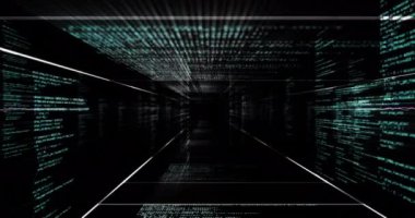 Veri işleme ve siyah arkaplan üzerindeki ışık izlerinin animasyonu. küresel iletişim, veri işleme ve dijital arayüz kavramı, dijital olarak oluşturulmuş video.