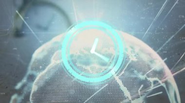 Veri işleme ve kürede hareket eden saatin animasyonu. küresel iletişim, veri işleme ve dijital arayüz kavramı, dijital olarak oluşturulmuş video.
