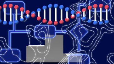 Mavi arka plandaki beyaz çizgilerin üzerindeki DNA iplikçiklerinin animasyonu. küresel gelişim, mühendislik ve veri işleme kavramı dijital olarak oluşturulmuş video.
