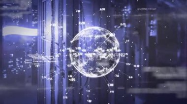 Bilgisayar sunucuları üzerinden küresel ve veri işleme animasyonu. küresel veri işleme, bağlantılar ve teknoloji konsepti dijital olarak oluşturulmuş video.