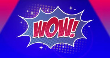 Renkli üçgenler üzerinde wow metninin animasyonu. Sosyal medya ve iletişim arayüzü kavramı dijital olarak oluşturulmuş video.