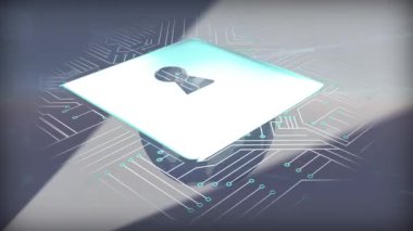 Veri işleme üzerine asma kilit simgesi ve küre animasyonu. küresel iletişim, veri işleme ve dijital arayüz kavramı, dijital olarak oluşturulmuş video.