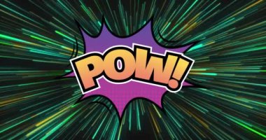 Siyah arkaplandaki ışık izlerinin üzerindeki pow metninin animasyonu. Sosyal medya ve iletişim arayüzü kavramı dijital olarak oluşturulmuş video.