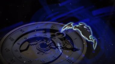 Hareket halindeki saatin üzerindeki dünyanın animasyonu. küresel iletişim, veri işleme ve dijital arayüz kavramı, dijital olarak oluşturulmuş video.
