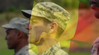 Belçika bayrağının üniformalı erkek askerlerin üzerinde canlandırılması. Ulusal ordu, vatanseverlik ve silahlı kuvvetler konsepti dijital olarak oluşturulmuş video.
