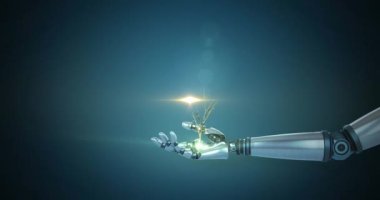 Robot kolun elinde büyüyen bitkinin animasyonu, mavi arka planda parlayan ışık. Elektrik mühendisliği teknolojisi, iletişim ve araştırma konsepti dijital olarak oluşturulmuş video.