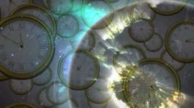 Dünya üzerinde hareket eden saatlerin animasyonu. küresel iletişim, veri işleme ve dijital arayüz kavramı, dijital olarak oluşturulmuş video.