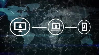 Siyah arkaplan üzerinde simgeler ve dünya ile bağlantı ağının animasyonu. küresel iletişim, veri işleme ve dijital arayüz kavramı, dijital olarak oluşturulmuş video.