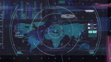 Dünya haritası üzerinde tarama ve veri işlemenin animasyonu. küresel bağlantılar, veri işleme ve dijital arayüz konsepti dijital olarak oluşturulmuş video.