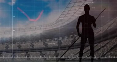 Spor stadyumunda cirit atan kadın sporcu üzerinde grafik ve veri işleme animasyonu. spor, rekabet, küresel iletişim ve dijital arayüz kavramı, dijital olarak oluşturulmuş video.
