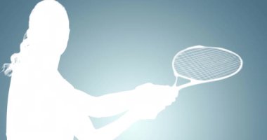 Gri arka planda hareket halindeki bayan tenis oyuncusunun siluetinin canlandırması. Ulusal hobi ayı, hobiler, ilgi alanları ve spor aktiviteleri konsepti dijital olarak oluşturulmuş video.