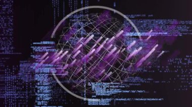 Mor havai fişeklerin animasyonu ve işlemci verilerle arayüzün üzerindeki dünya. küresel iletişim ve dijital arayüz teknolojisi kavramı dijital olarak oluşturulmuş video.