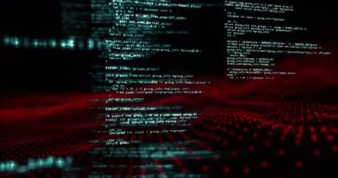 Veri işleme animasyonu ve siyah arkaplan üzerinde kırmızı noktalar. küresel iletişim, veri işleme ve dijital arayüz kavramı, dijital olarak oluşturulmuş video.