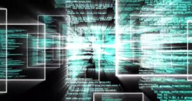 Siyah arkaplan üzerinde veri işleme animasyonu. küresel iletişim, veri işleme ve dijital arayüz kavramı, dijital olarak oluşturulmuş video.