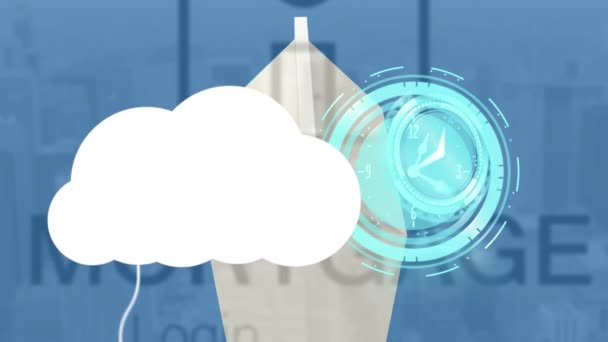 Animación Del Reloj Sobre Nubes Digitales Con Dispositivos Electrónicos Mercado — Vídeo de stock