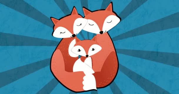 Animación Ilustración Padres Zorros Felices Abrazando Cachorro Rayas Radiales Azules — Vídeo de stock