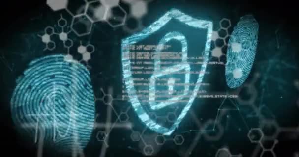 生体認証指紋とデータ処理上のオンラインセキュリティ南京錠のアニメーション 世界的なオンラインセキュリティ ネットワーク データ処理の概念デジタルで生成されたビデオ — ストック動画