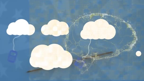 Animação Varredura Escopo Cérebro Humano Sobre Nuvens Digitais Com Dispositivos — Vídeo de Stock
