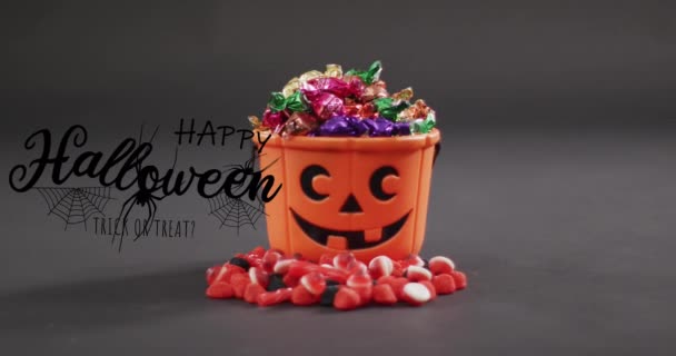 Happy Halloween Text Banner Spider Icon Pumpkin Shaped Bucket Full — Stock Video