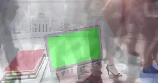 Animation Man Using Laptop Green Screen Sped Commuters Walking Modern — Stock Video